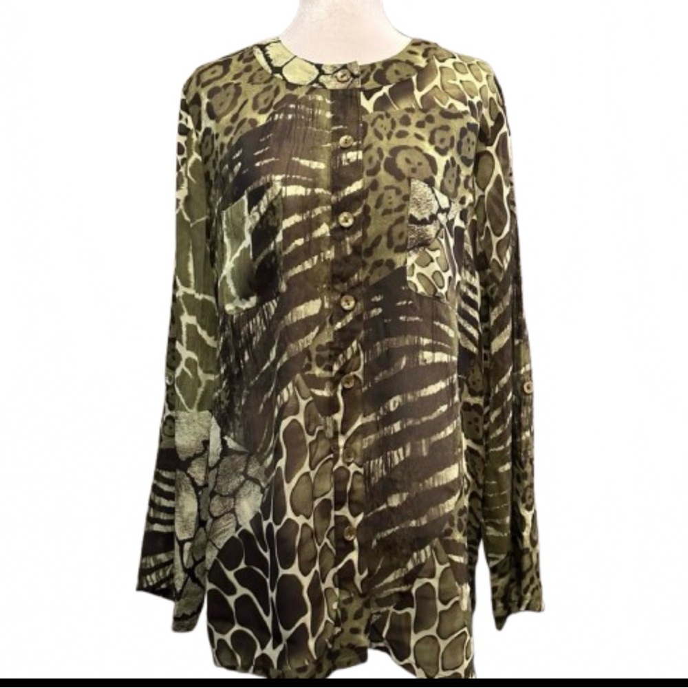 Susan Graver Sheer Olive Animal Print Button Down Shirt
